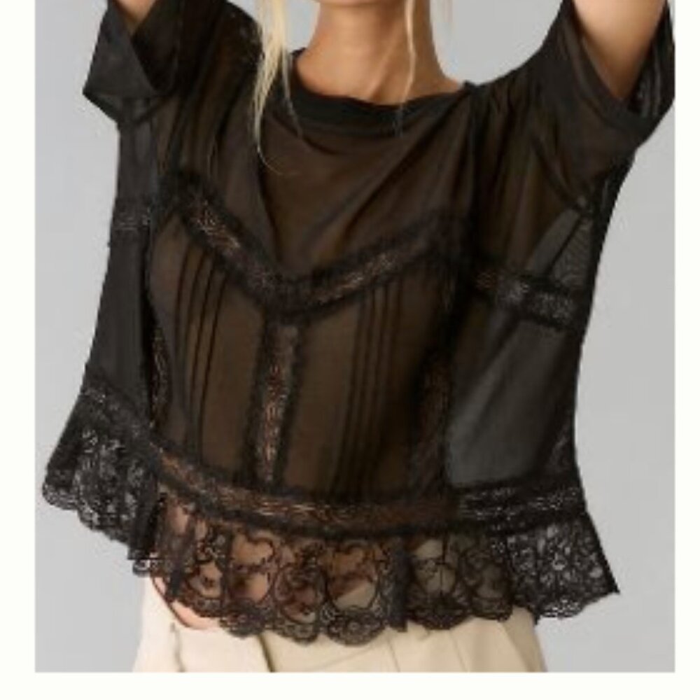 Anthropologie Black Sheer Lace Peplum Blouse